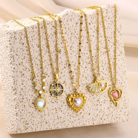 Vintage Bohemian Gold Plated Stainless Steel Pendant Necklace Heart Star Moon Butterfly Artificial Pearl Zircon Jewelry For Women