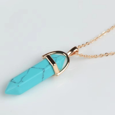 Hexagonal Prism Natural Stone Pendant Necklace Healing Crystal Stainless Steel Column Chain Jewelry