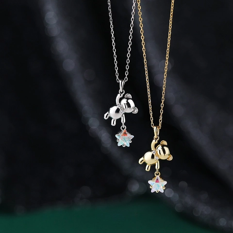 Lindo Oso Estrella Colgante Collar Plata De Ley 925 Circonita Piedra Irisada Joyería Dulce Mujeres