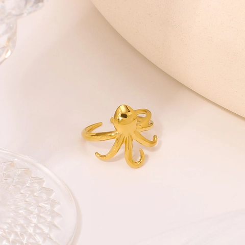 Oktopus Ring Vergoldet Edelstahl Verstellbar Offen Meerestier Polierter Schmuck Für Damen Geschenk