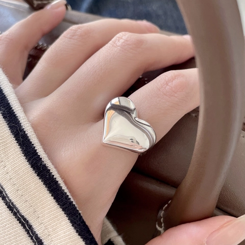 Anello Cuore In Argento Sterling 925 Bombato 3D Lucido Regolabile Stile Coreano Minimalista Per Donna