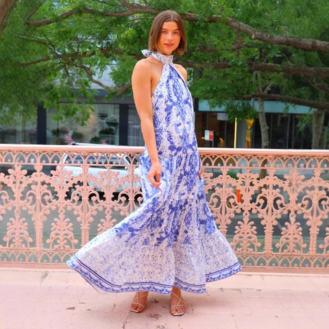 Halter Maxi Jurk Polyester Open Rug Gelaagde Ruches Blauw Wit Porselein Print Mouwloos Zomervakantie Dames