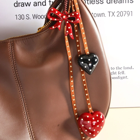 Handmade Bow Heart Bag Charm PU Leather Polka Dot Pendant Studded Keychain For Handbags And Backpacks Ins Style Accessory