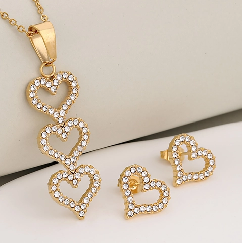 Set di Gioielli Collana e Orecchini a Cuore in Acciaio Inossidabile con Strass Brillanti Accessori Moda Donna