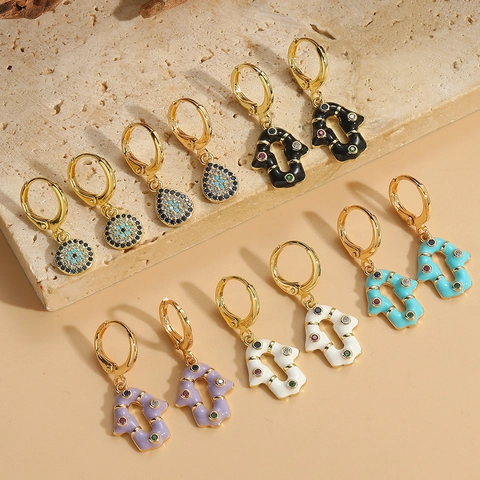 Vintage Böhmisch Kupfer Zirkonia Hand der Fatima Böses Auge Ohrhänger Für Damen Retro Emaille Vergoldeter Hohlschmuck