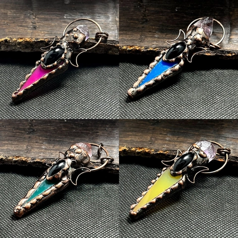 Collier Pendentif Vintage Cuivre Agate Améthyste Cristal Fait Main Déesse Triple Lune Chaîne Pull Bijoux Gothique Femme