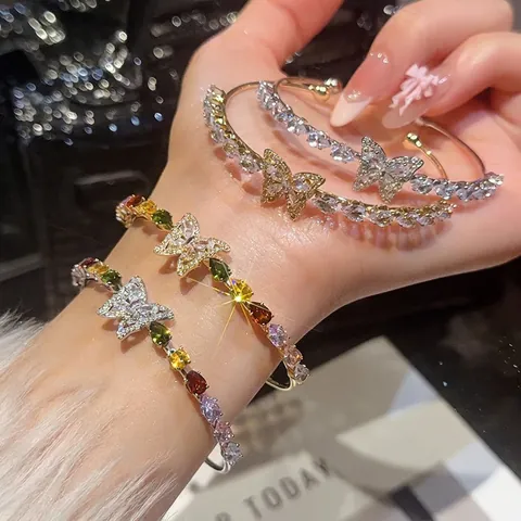 Brazalete Abierto De Mariposa Cobre Circón Gema De Pera Colorida Ajustable Lujo Elegante Joyas Para Mujeres