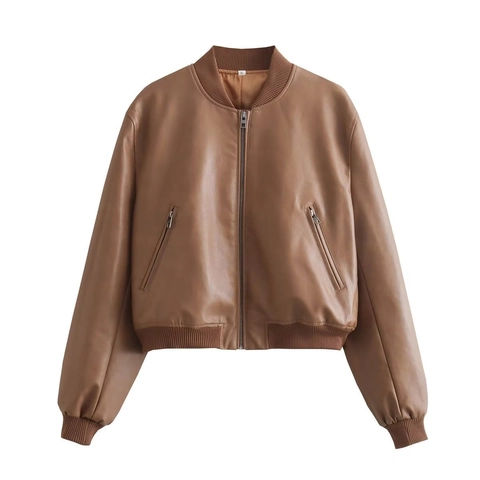 Womens Bomber Jacket Faux PU Leather Zip Up Ribbed Trim Casual Vintage Short Outwear