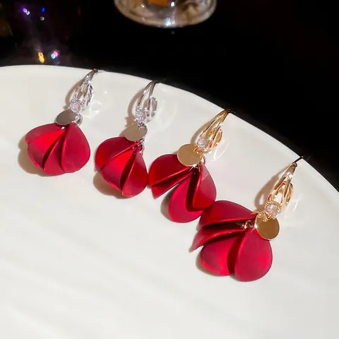 Vintage Rote Acryl Blumenblatt Hängeohrringe Mit 925 Sterling Silber Ohrstecker Zirkon Kupfer Für Frauen Elegant