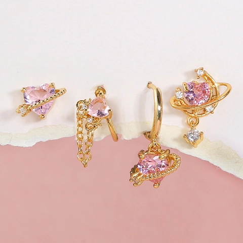 Orecchini In Ottone Con Cuore Rosa E Pianeta Saturno Con Perno In Argento 925 Gioielli Romantici Per Donne