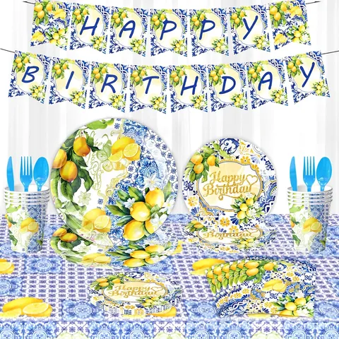 Limone Mediterraneo Piastrelle Blu Festa Usa E Getta Piatti Carta Tovaglioli Bicchieri Tovaglia Banner Palloncini Cake Topper Posate