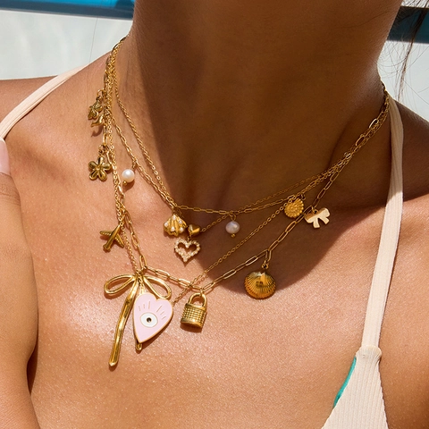 Collar Con Colgante De Corazón Acero Inoxidable Chapado En Oro De 18K Diamantes Imitación Joyería Romántica