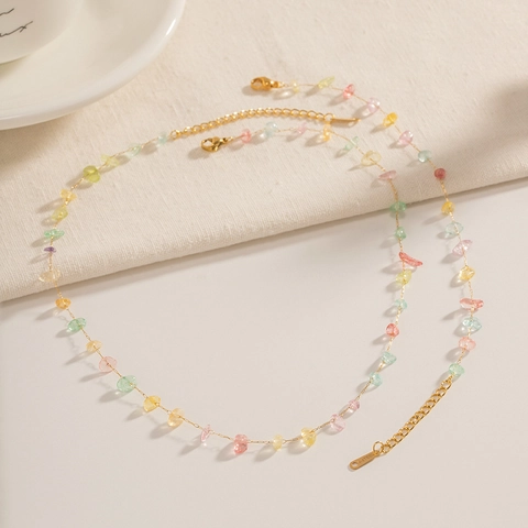 Natural Colorful Crushed Stone Beaded Necklace Bracelet Stainless Steel 18K Gold Plated For Women Boho Jewelry