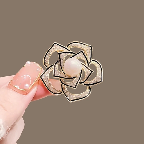 Spilla Fiore Di Camelia Lega Smalto Con Strass E Perla Artificial Finta Design Cavo Gioielli Vintage Eleganti Per Donna