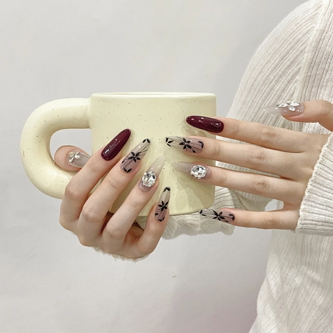 Handmade Press On Nails Long Almond Burgundy Glossy Hand Painted Floral Luxury 3D Rhinestones Reusable Artificial Nails
