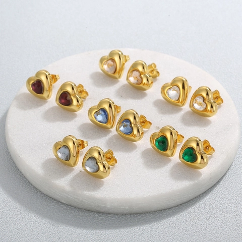 Vintage Heart Stud Earrings Stainless Steel Gold Plated Colorful Heart Shape Crystal Glass Minimalist Jewelry