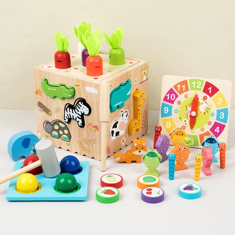 Cubo Di Attività In Legno Montessori Educativo Apprendimento Precoce Gioco Di Pesca E Martellamento Per Bambini