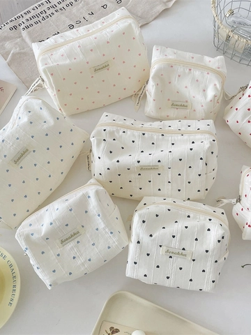 Trousse De Maquillage En Tissu Texturé À Motif Cœur Portable Voyage Pochette De Rangement Cosmétique Organisateur Femme