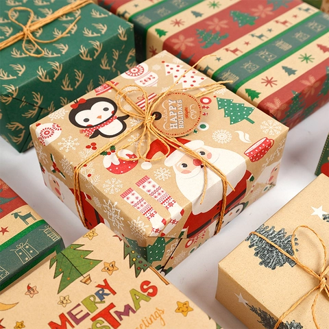 Christmas Gift Wrapping Paper Rolls Vintage Brown Kraft Paper Santa Reindeer Snowflake Patterns Festive Holiday Gift Box Wrap