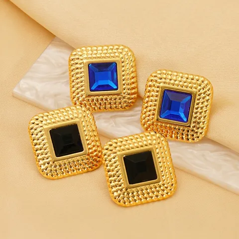 Vintage Square Stud Earrings 18K Gold Plated Stainless Steel With Colorful Rhinestone Beaded Texture For Women