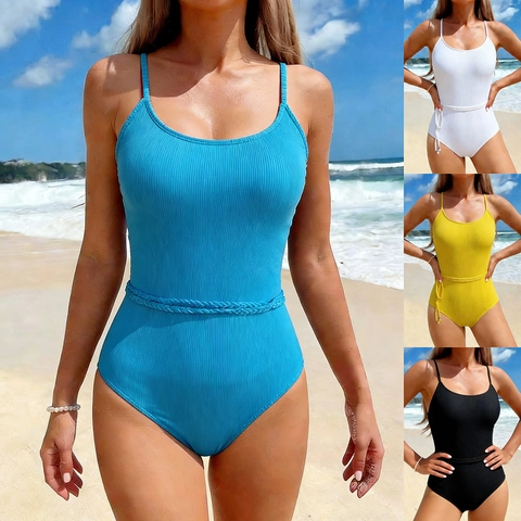 Women Monokini Swimsuit Ribbed Spaghetti Strap Braided Belt Padded Beachwear Vacation Solid Color Sexy