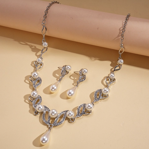 Parure Collana E Orecchini Künstliche Perle Imitazione Strass Goccia Acqua Foglia Lega Elegante Matrimonio Gioielli Da Sera
