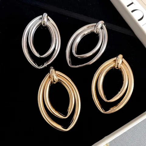 Pendientes Geométricos Ovales Multicapa Con Pasador De Plata De Ley 925 Para Mujer Moda Minimalista