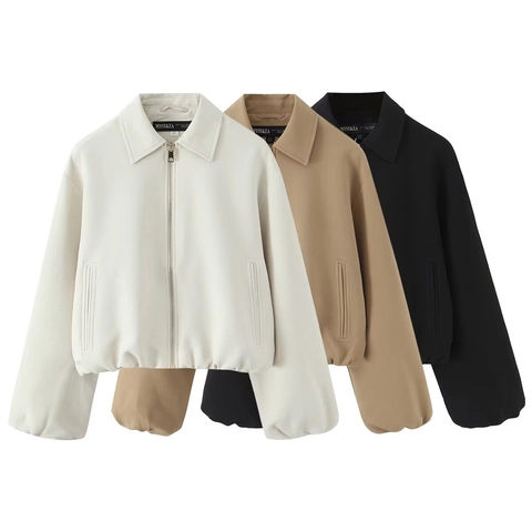 Veste Courte À Revers Et Fermeture Éclair Pour Femmes Puffy Manches Longues Décontractée Bomber Mode