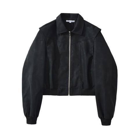 Damen PU Leder Bomberjacke Schwarz Vintage Reverskragen Langarm Reißverschluss Kurze Jacke Mode Oberbekleidung