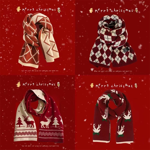 Festive Christmas Knitted Scarf For Women Men Warm Winter Acrylic Wool Scarf Argyle Reindeer Snowflake Pattern Tassel Shawl Neck Warmer Holiday Gift