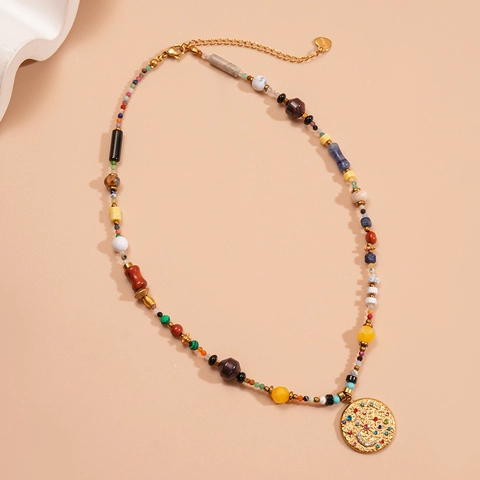 Bohemian Stainless Steel Necklace Colorful Stone Beaded Round Pendant Sun Moon Star Rhinestone Inlaid Vintage Jewelry Women