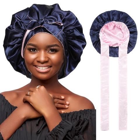 Satin Sleep Bonnet Satin Hair Cap With Long Ties Double Layered Reversible Large Night Head Wrap For Women Vintage