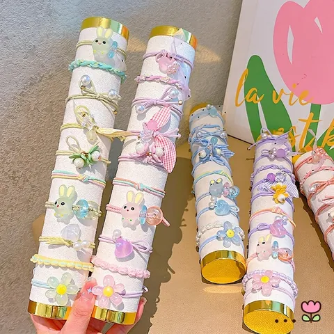 Kids Colorful High Elastic Hair Ties Cartoon Bunny Flower Bow Decorative Fabric Hair Bands For Girls Styling Accessories