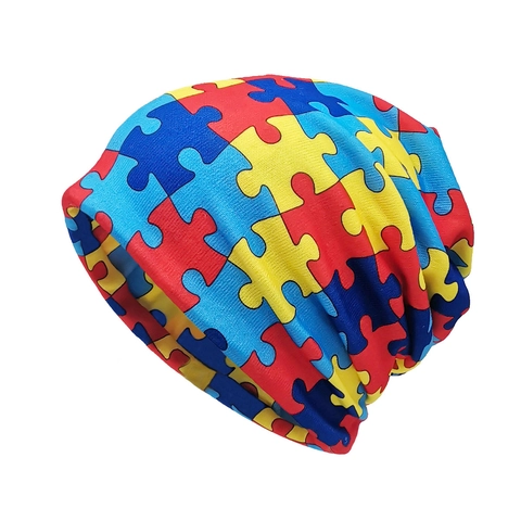 Bonnet Beanie Slouchy Puzzle Coloré Maille Polyester Élastique Imprimé Sensibilisation À L'autisme Géométrique Extérieur