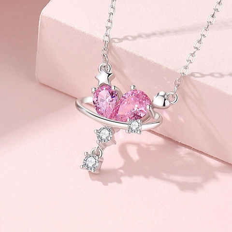Collana con Ciondolo a Forma di Cuore e Pianeta in Argento Sterling 925 Zirconia Rosa Saturno Stella per Donna Regalo