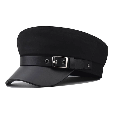 Vintage Britse Dames Baker Boy Hoed PU Leer Katoenmix Militaire Pet Met Metalen Gesp Casual Mode Marine Hoed