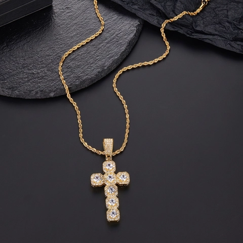 Collana Con Pendente A Croce Hip Hop Iced Out Lega Zircone Strass Gioielli Di Moda Streetwear Con Catena A Corda