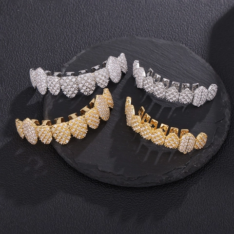 Iced Out Hip Hop Grillz Bling Cubic Zirconia Teeth Jewelry Copper Brass Plated Mouth Accessory Unisex