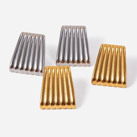 Ribbed Trapezoid Earrings With Stainless Steel Earring Post 18K Gold Plated Vertical Striped Geometric Jewelry For Women