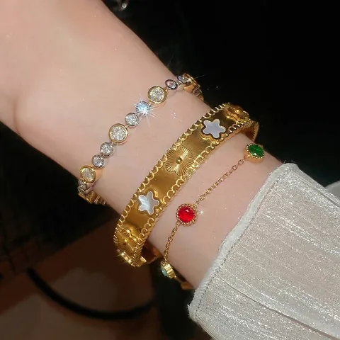 Bracciale Rigido E Braccialetto In Acciaio Inossidabile Da Donna Con Motivo A Fiori In Madreperla E Strass Moda