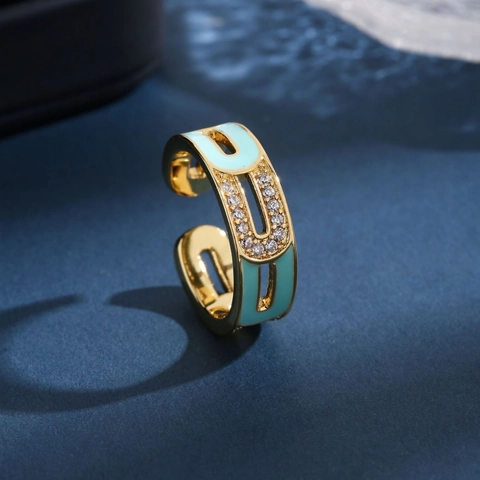 French Light Luxury Enamel Rhinestone Open Adjustable Copper Ring For Women Geometric U-Shape Button Drip Glue Fashion Jewelry Gift