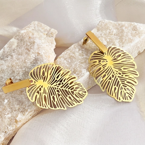 Franse Retro Monsterablad Oorhangers Voor Dames Roestvrij Staal Opengewerkt Botanisch Verguld Elegante Sieraden