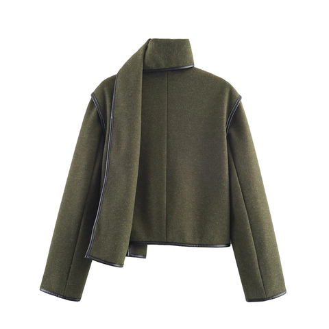 Dames Kort Jasje Van Wolmix Met Bijpassende Sjaal Leren Bies Ronde Hals Elegant Olijfgroen Casual Bovenkleding