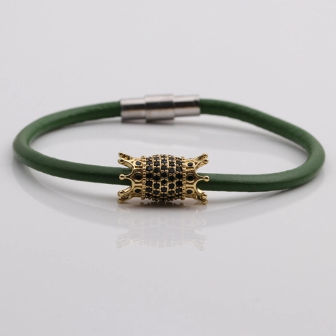Bracciale Corda Cuoio Corona Rame Zircone Acciaio Inossidabile Fibbia Magnetica Punk Gioielli Donne