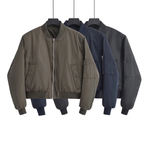 Women Short Bomber Jacket Retro Solid Color Long Sleeve Zipper Ribbed Trim Outerwear Polyester Casual Windproof Style