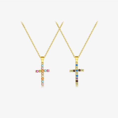 Cross Pendant Necklace 925 Sterling Silver Colorful Zircon Gold Plated Fashion Jewelry For Women