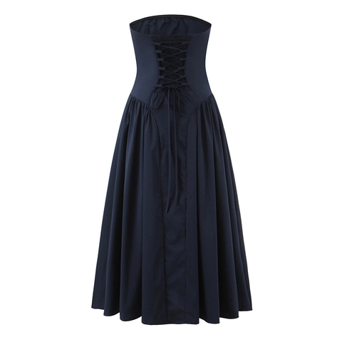 Women Strapless Tube Top Dress Corset Lace Up Back Pleated High Waist A Line Midi Party Gown Polyester Cotton Elegant