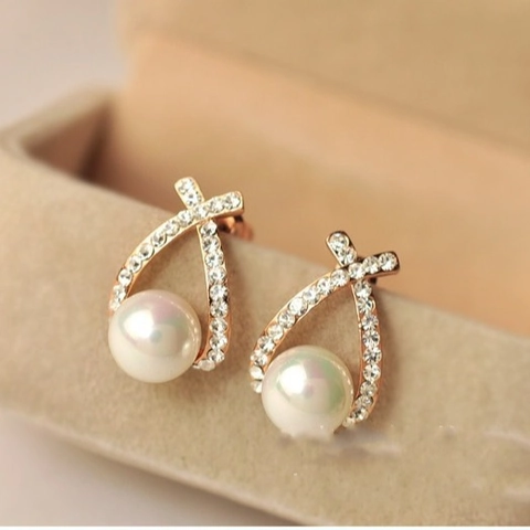 Orecchini A Lobo Incrociati Con Perla Artificial E Strass Lucidi Lega Di Zinco Geometrico Stile Coreano Gioielli Eleganti Earring Post