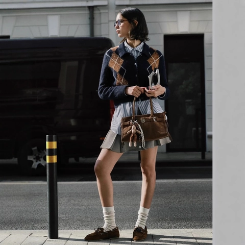 Damen Argyle Strickpullover Retro V Ausschnitt Langarm Kontrast Geometrisches Muster Preppy Style Elegant