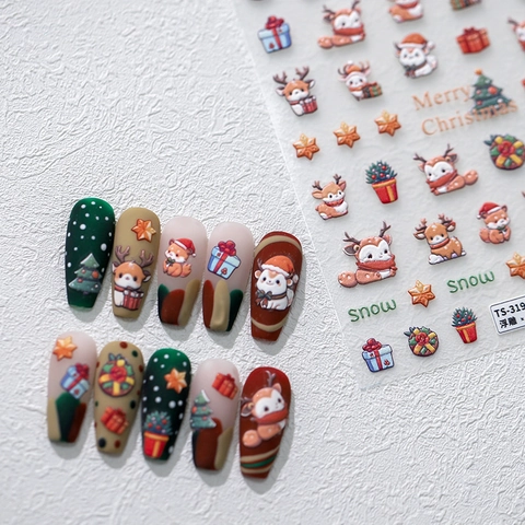 Pegatinas De Uñas 3D Con Relieve De Reno De Navidad PET Auto Adhesivas Copos De Nieves Árbol DIY Manicura Decoración Festival
